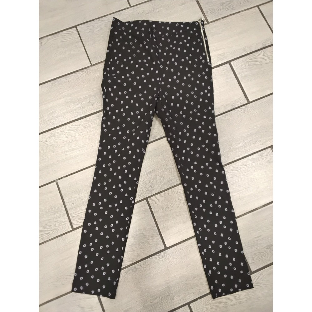 Zara Womens Black Purple Floral Star Side Zip Cigarette Pants Large Tapered Leg
